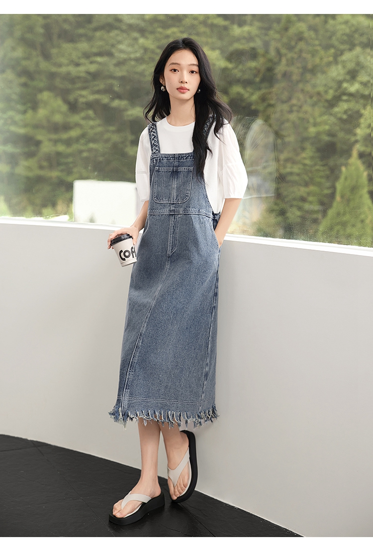 ロングワンピース デニム 裾フリンジデニムジャンパースカート