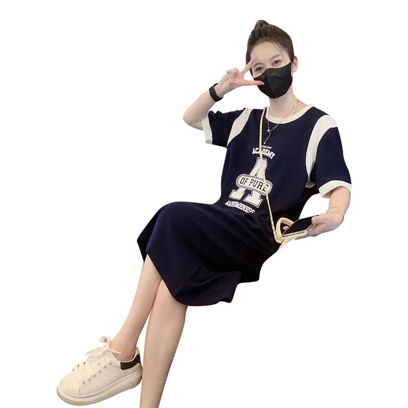 ロングワンピース スウェット 配色袖文字ロゴプリントノースリーブロングワンピース