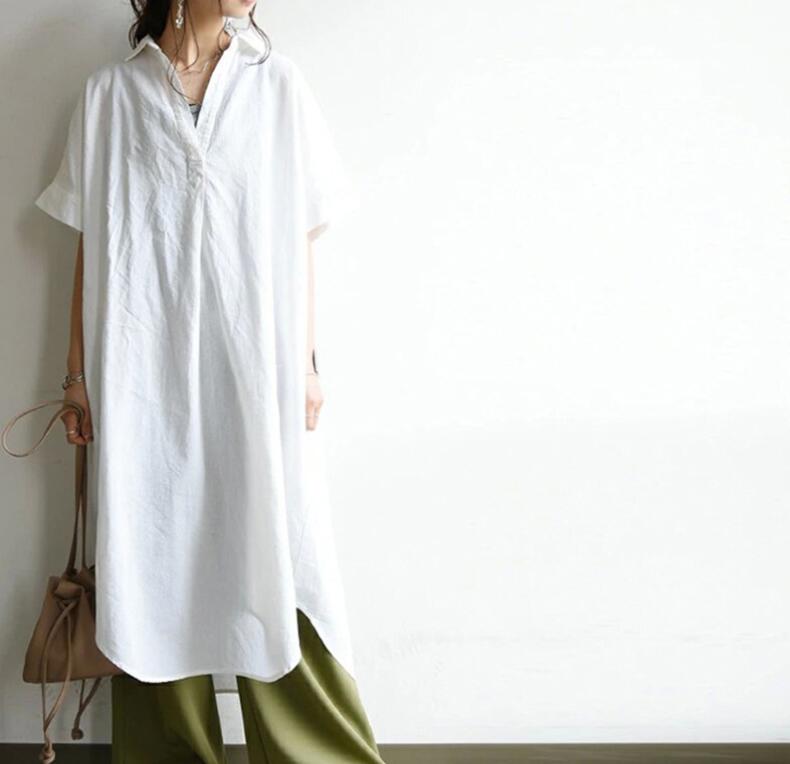 ロングワンピース レディース日系シャツワンピース カジュアル麻綿素材 4色展開