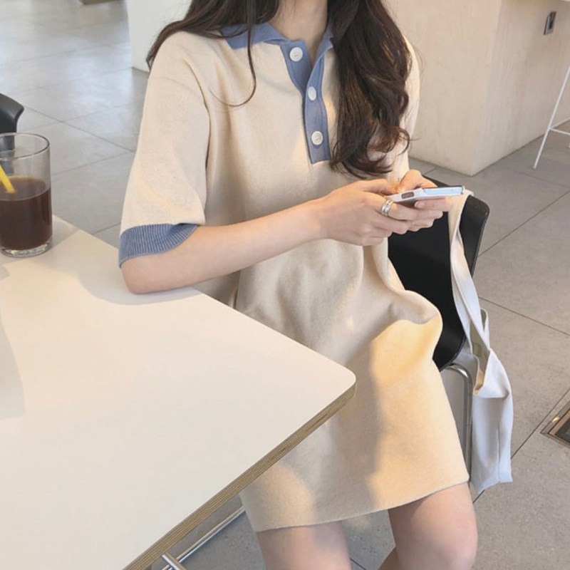 ロングワンピース ポロシャツ 配色襟デザインポロシャツワンピース