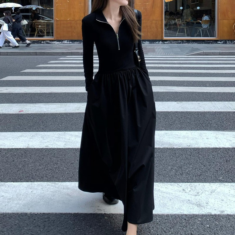 ロングワンピース 上品シンプル ハーフジップ ギャザーワンピース