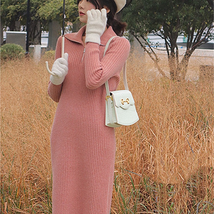 ロングワンピース タートルネック リブ編みタートルネックロングニットワンピース