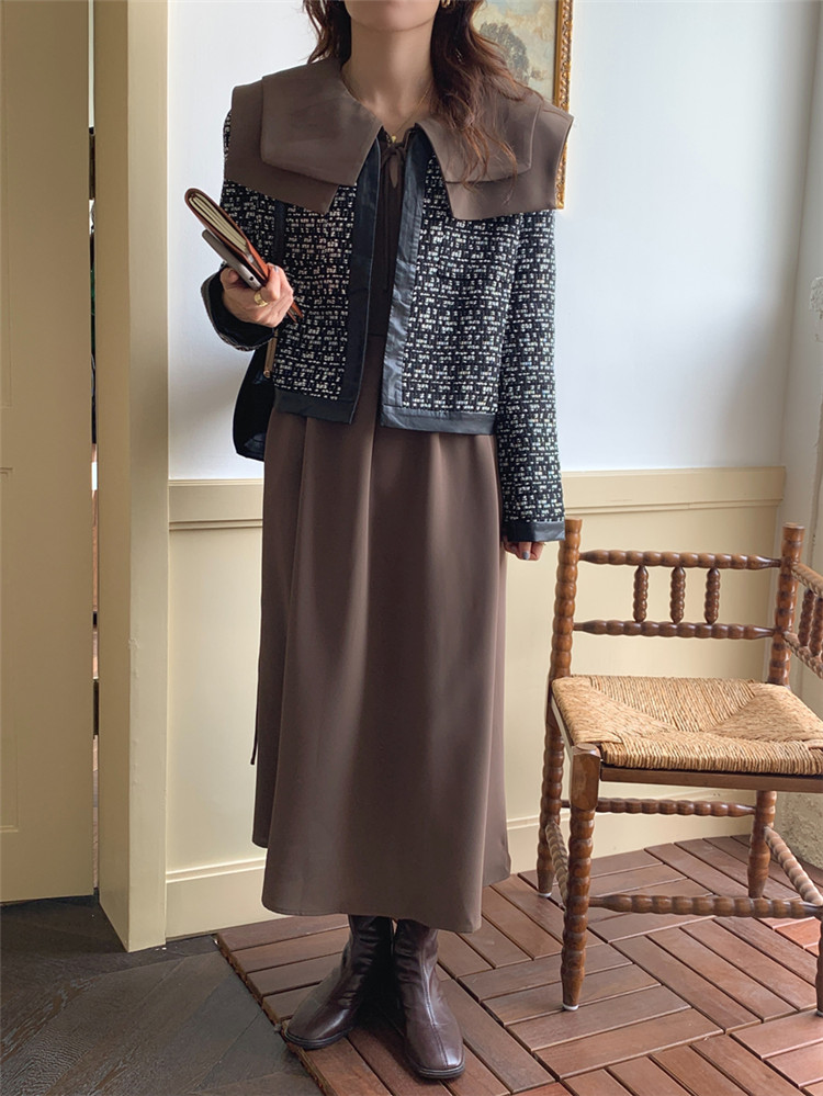 秋冬レトロ襟付きフレアロングワンピース