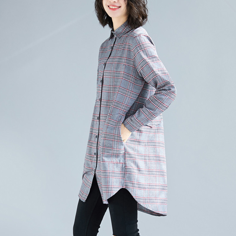 ロングワンピース シャツ チェック柄ゆったり襟付きロング丈シャツワンピース