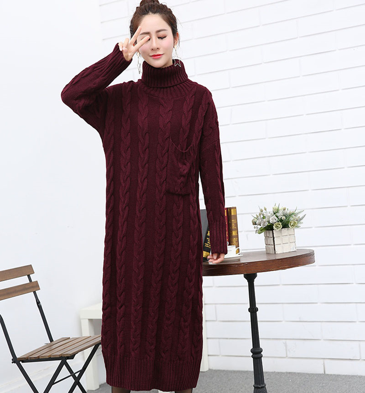 ロングワンピース タートルネック ケーブル編みタートルネックニットロングワンピース