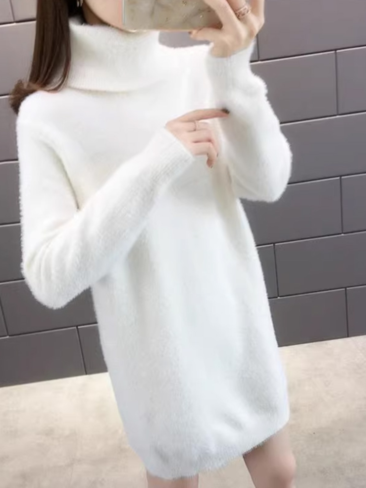 ワンピース ニット ふわもこ袖ゆったりタートルネックワンピース