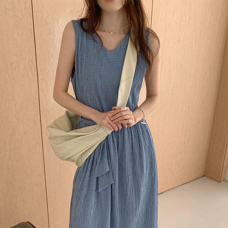 春夏新作 上品チェック柄ノースリーブ ロングワンピース