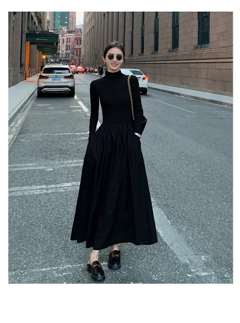 ロングワンピース ハイネックニットロング切替プリンセスワンピース