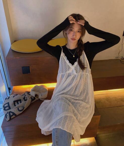 ロングワンピース 透け感レースキャミワンピース女性用