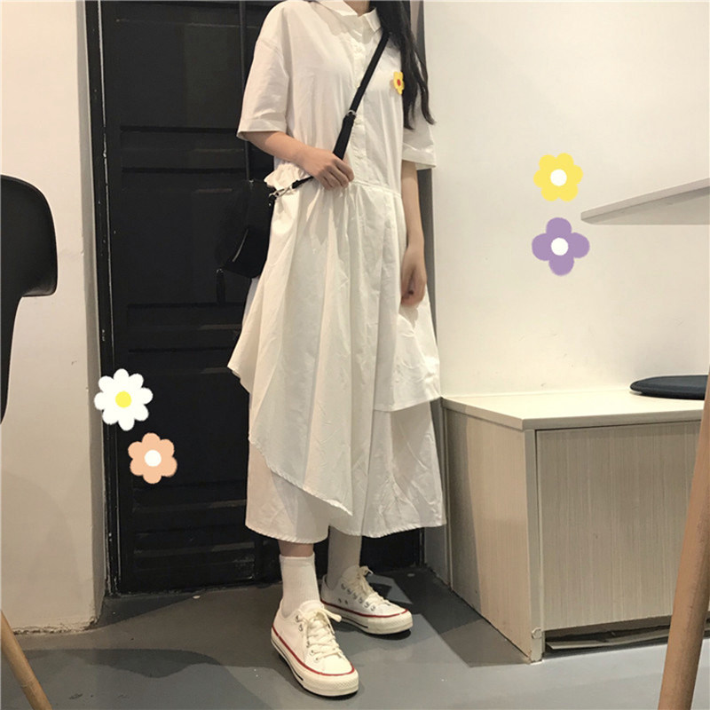 ロングワンピース シャツ フラワー刺繍付き半袖シャツワンピース