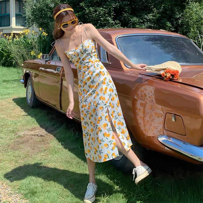 ロングワンピース キャミ 花柄プリント胸元リボン付きロングキャミソールワンピース