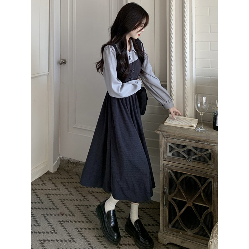ロングワンピース シャツ ベスト重ね着風長袖シャツロングワンピース