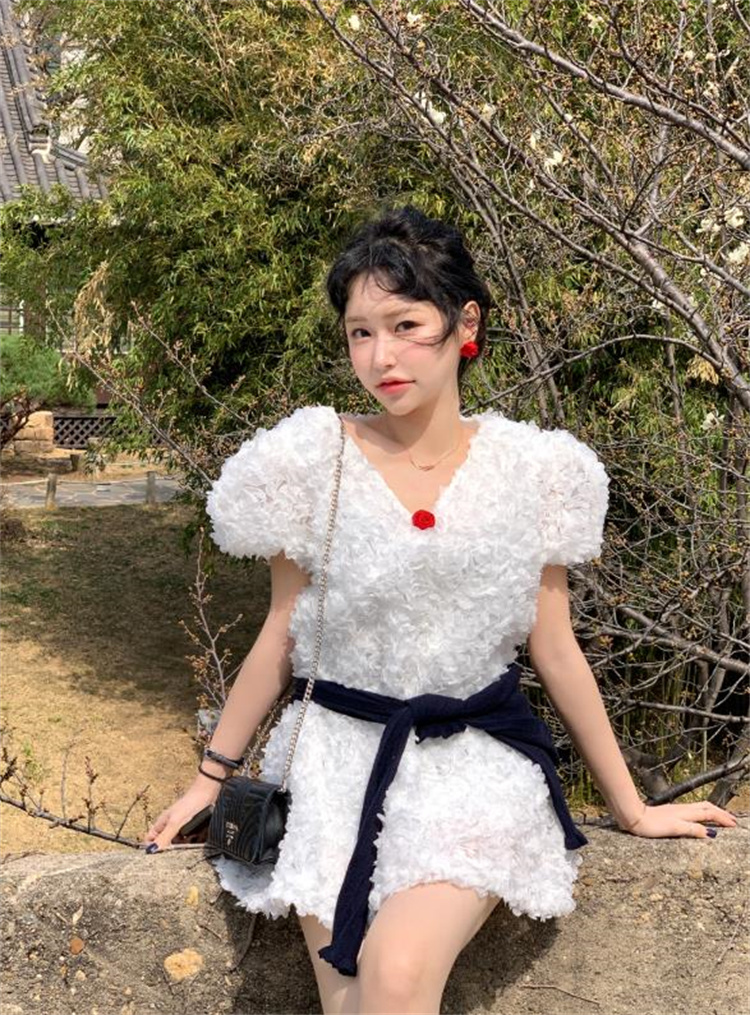 ロングワンピース 立体花びら風ふわもこパフ袖ミニワンピース夏用