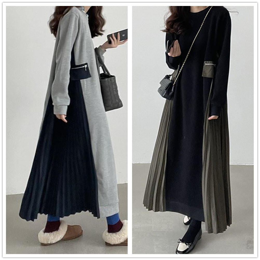 ロングワンピース 秋新作 レディース 長袖プリーツロング丈ワンピース