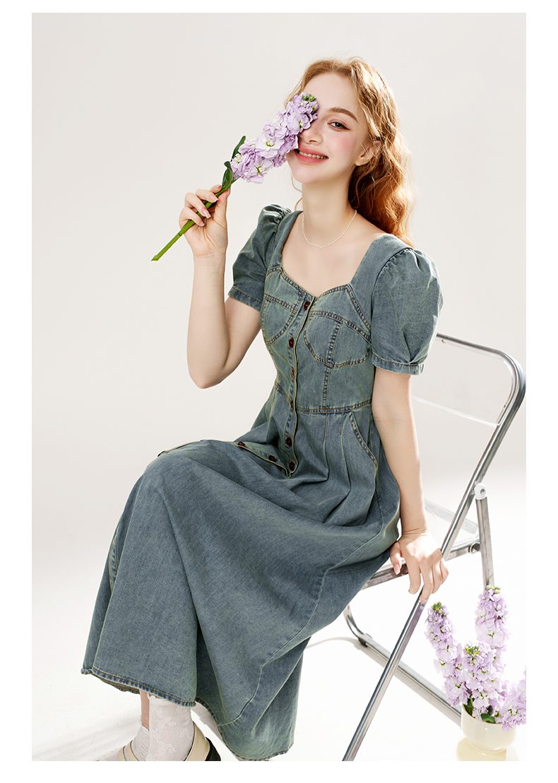 ロングワンピース デニム 乙女心くすぐるパフスリーブデニム