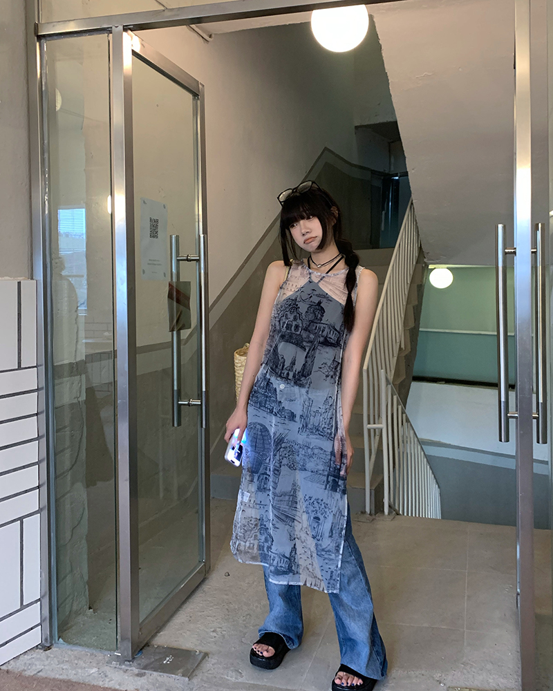 ロングワンピース レース 建築風景柄シアー素材キャミソールロングワンピース