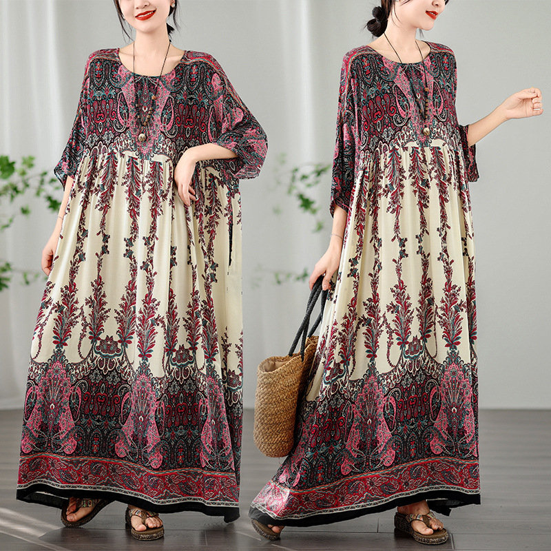 大きいサイズ対応 文芸風フレア袖ロングワンピース