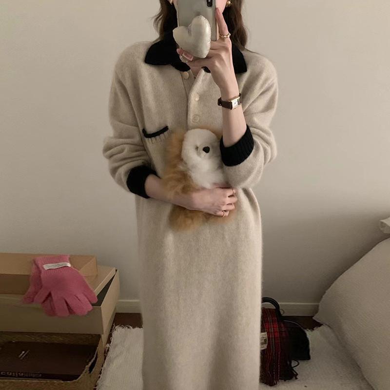 ロングワンピース お上品モールカラーあったかニットワンピース