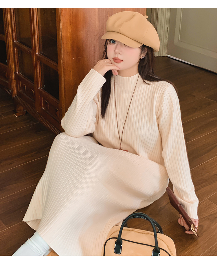ロングワンピース ふんわり優美なリブ編みハイネックニットワンピース