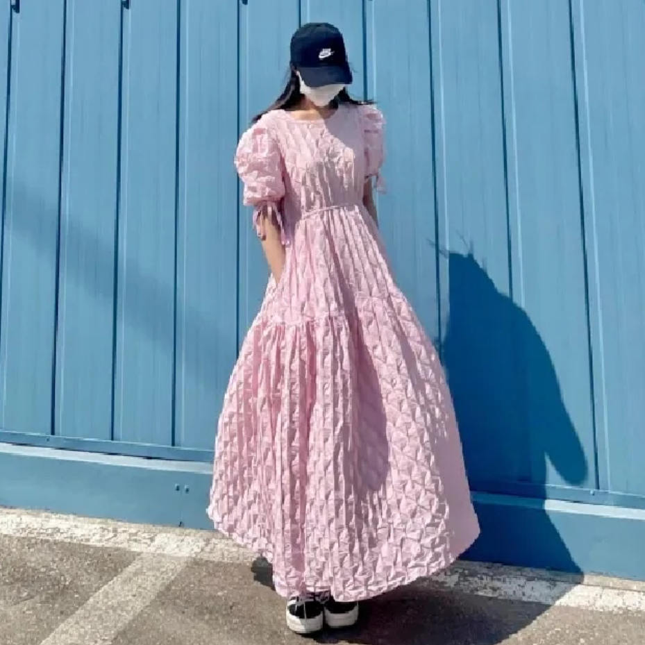 韓国風甘い花柄フレアハイウエストロングワンピース