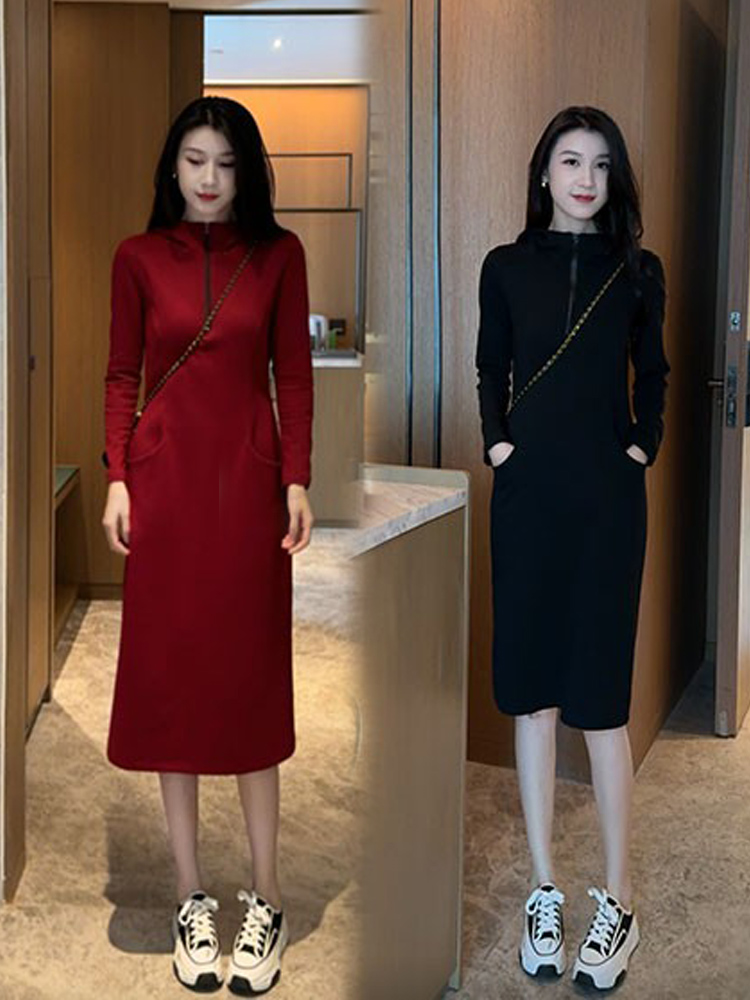 ロングワンピース ニット シンプル襟付きジッパーニットワンピース