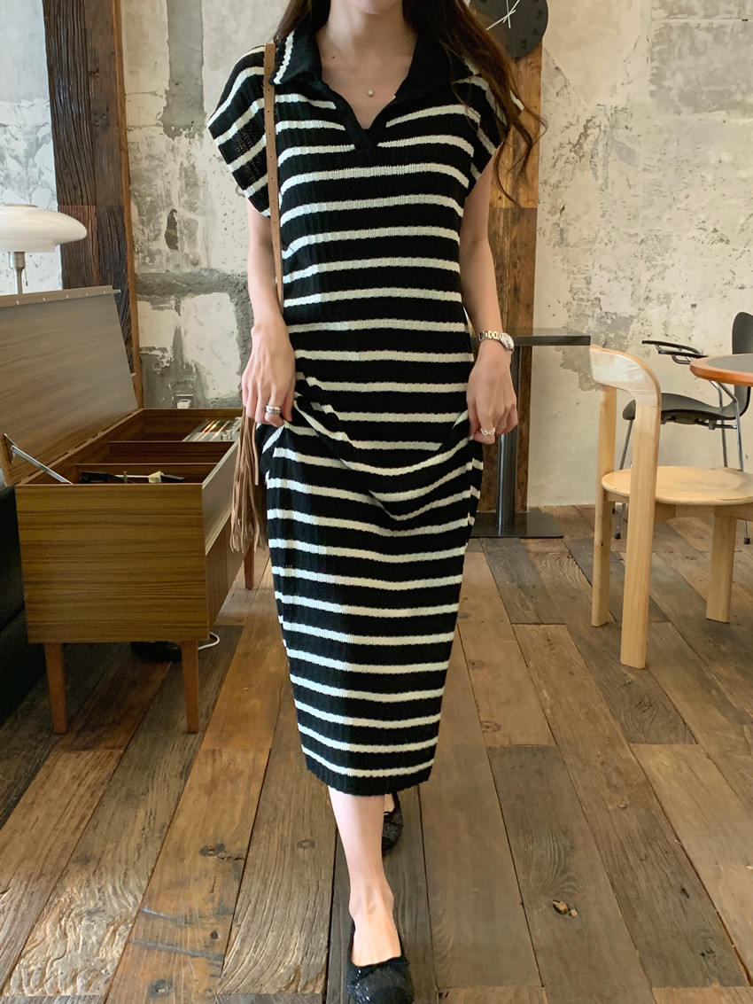 ロングワンピース 韓国風レトロボーダーポロシャツワンピース