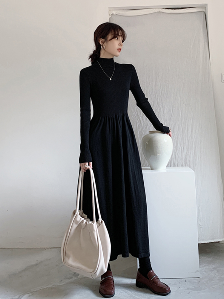 ロングワンピース タートルネック リブニット切替タートルネックロングワンピース