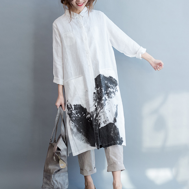 ロングワンピース 墨絵風プリント襟付きロングシャツワンピース