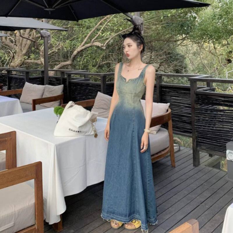 ロングワンピース デニム グラデーション染めデニムキャミソールロングワンピース