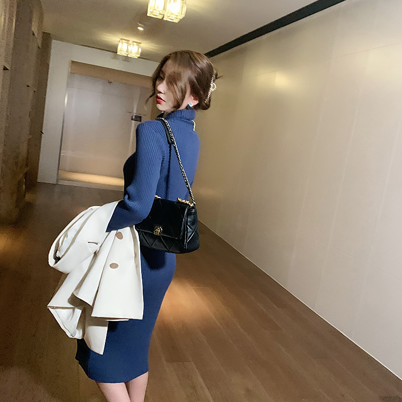 ロングワンピース タートルネック リブ編み縦畝タートルネック長袖ロングワンピース