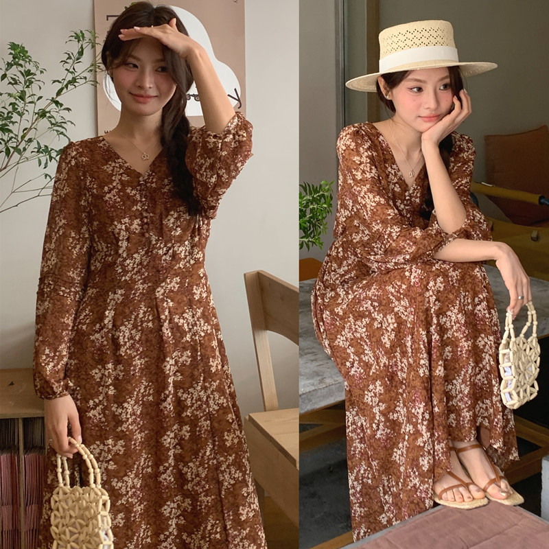 秋冬新作 フレア花柄ロングワンピース 上品気質