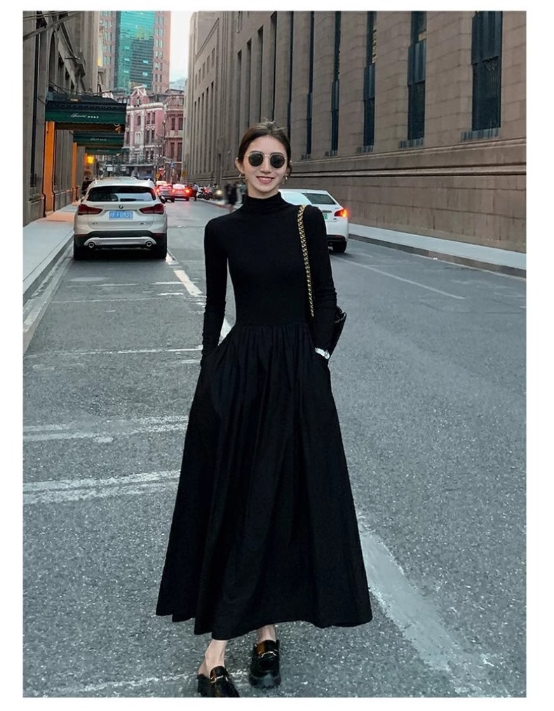 ロングワンピース ハイネックニットロング切替プリンセスワンピース
