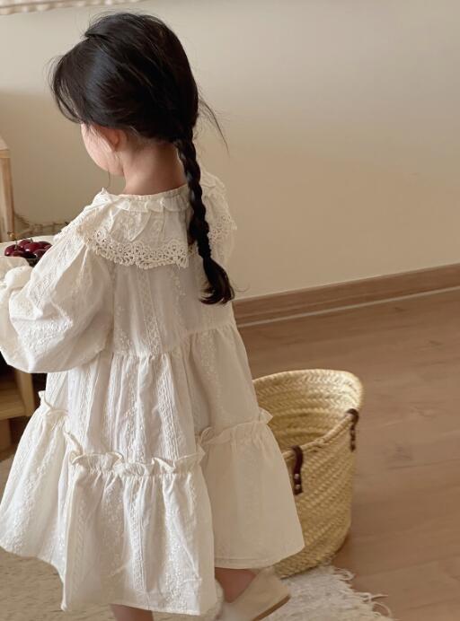 2024秋新作キッズ白レース長袖ロングワンピース90-140センチ