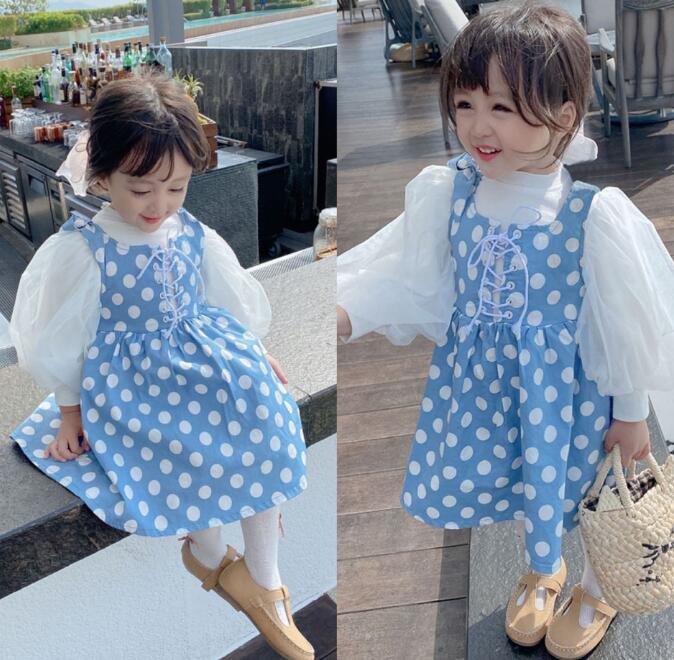 キッズ水色ドット柄ロングワンピース白シャツセット
