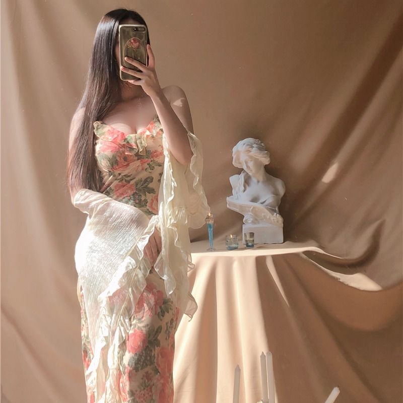 ロングワンピース キャミ 花柄プリント細身肩紐調節可能な夏向けキャミソール