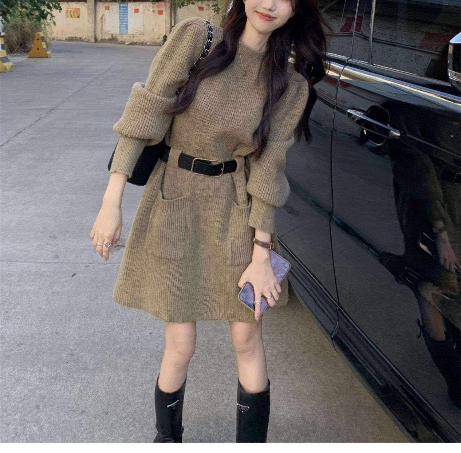 ロングワンピース ゆるふわベルト付きニットワンピース