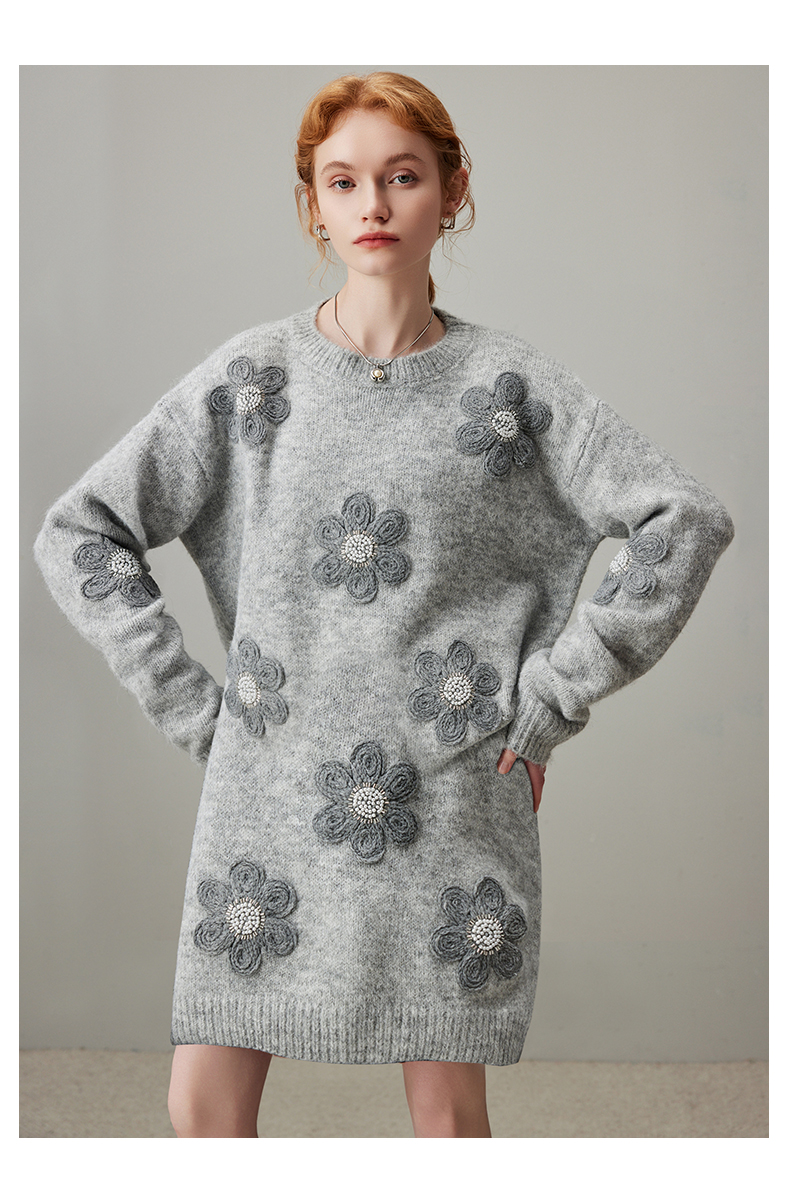 ロングワンピース ニット お花モチーフ立体刺繍ニットワンピース