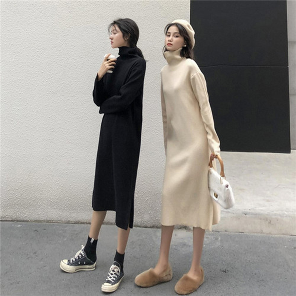ロングワンピース タートルネック リブ編み長袖高襟ワンピース