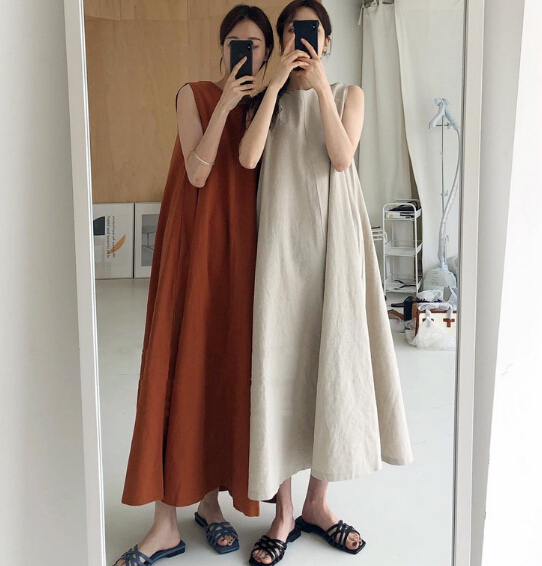 ロングワンピース 夏のノースリーブ型体型カバーワンピース