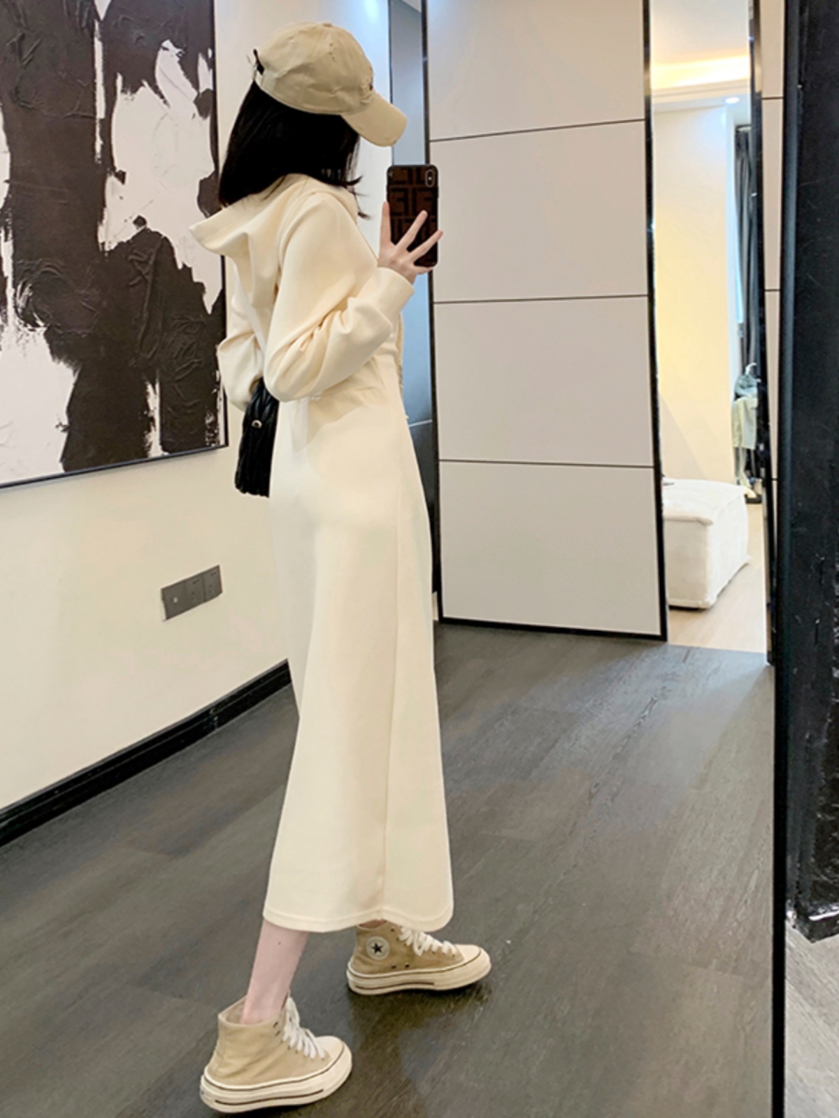 ロングワンピース スウェット 洗練シンプルフーディロングワンピース