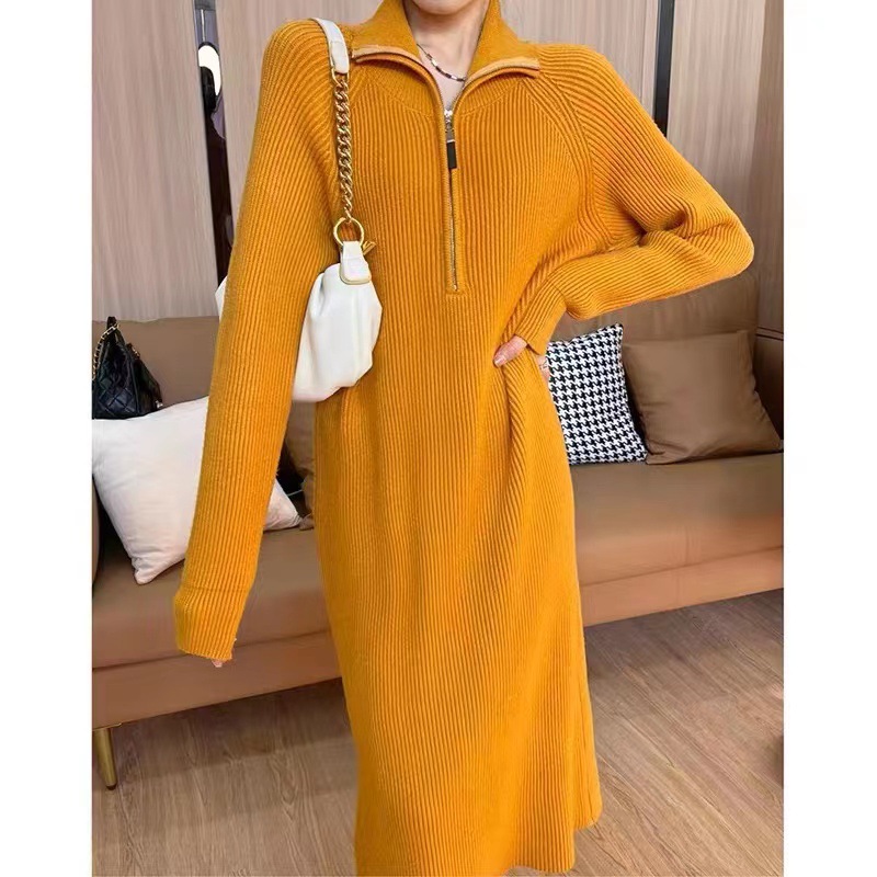ロングワンピース ジップネックニットワンピース