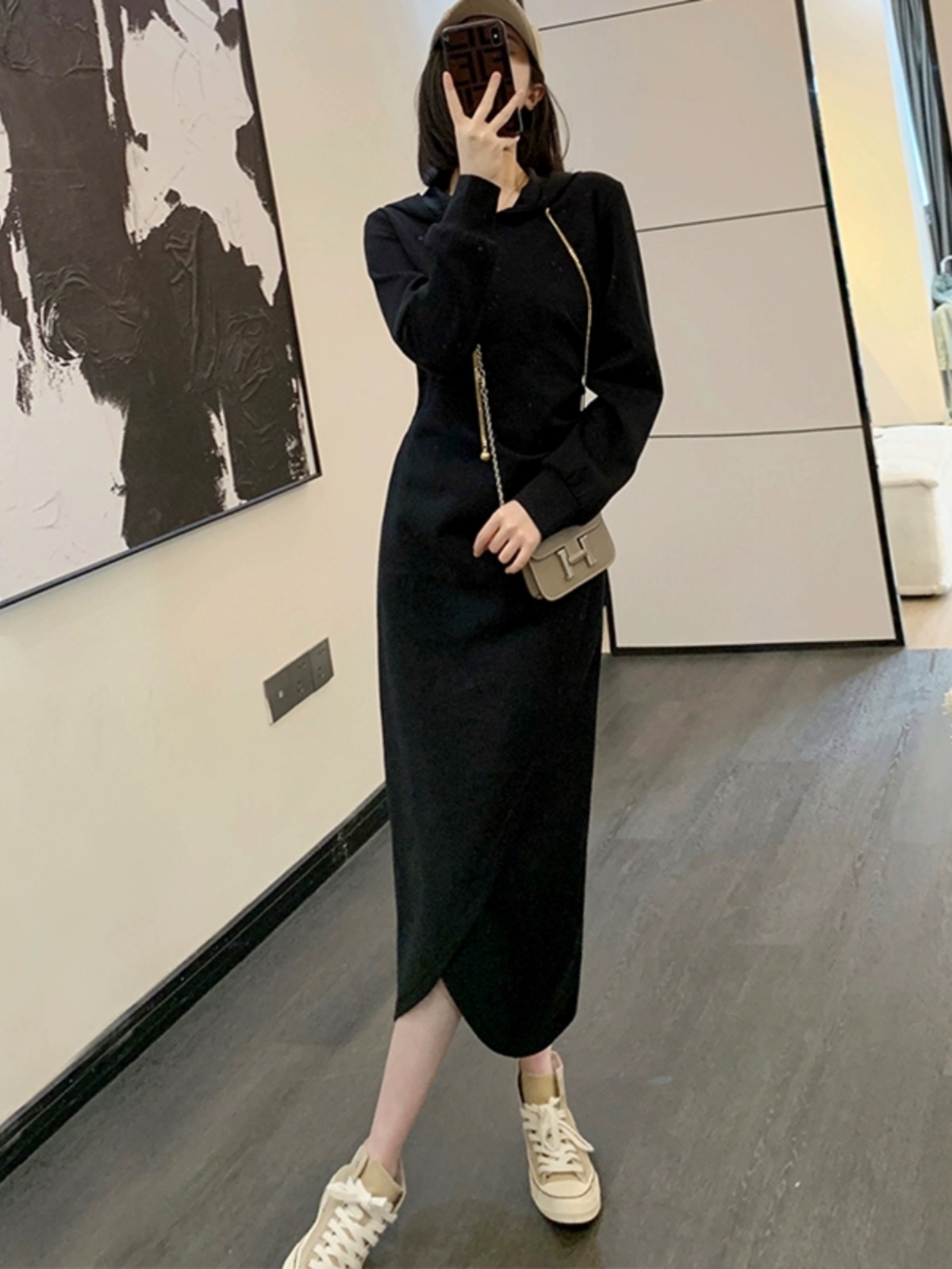 ロングワンピース スウェット 洗練シンプルフーディロングワンピース