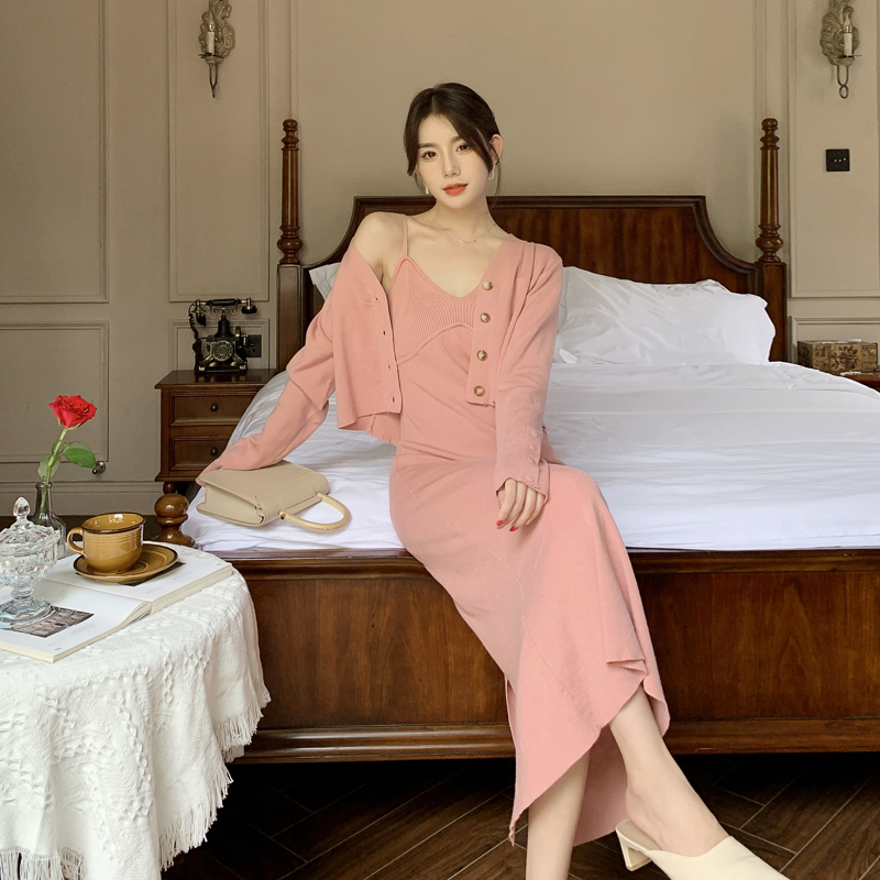 ロングワンピース キャミ リブ編み美身シルエット肩紐ロング丈キャミソール