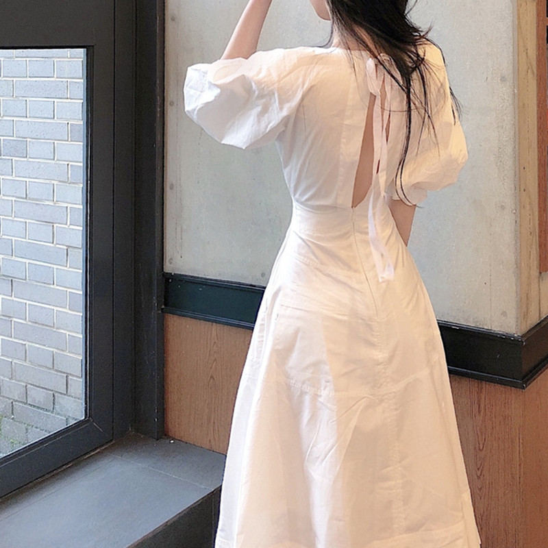 ロングワンピース シャツ パフスリーブ襟付きウエストマークロングワンピース