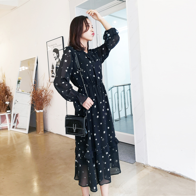 ロングワンピース シャツ 星柄シフォン長袖シャツワンピース