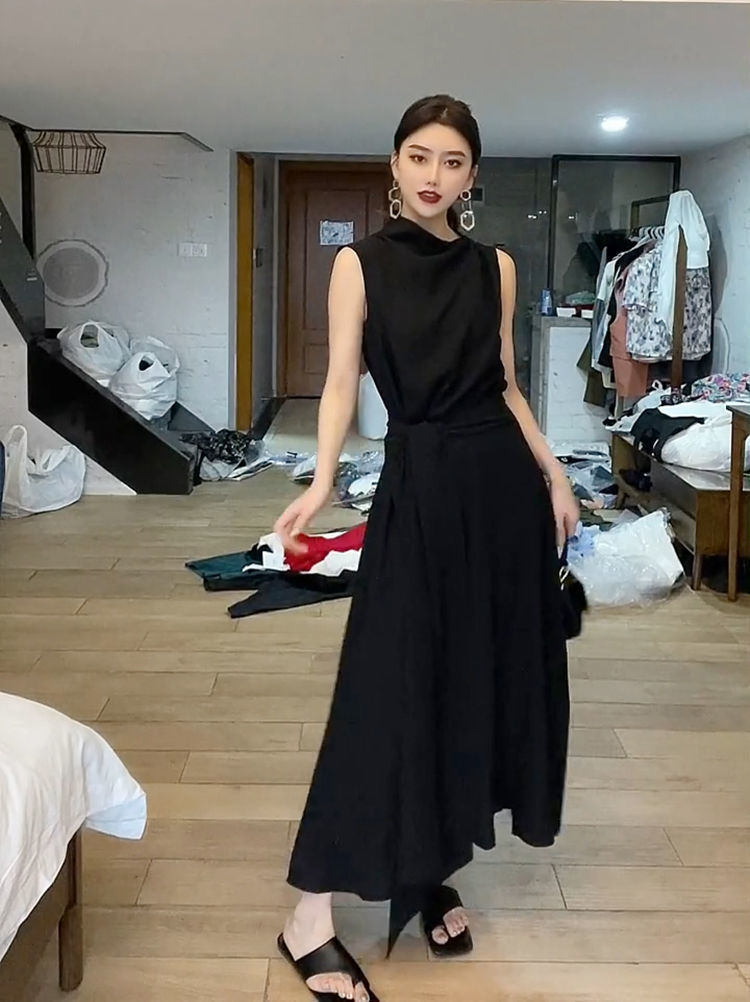 ロングワンピース タートルネック エレガント袖なしタートルネックベルト付きワンピース