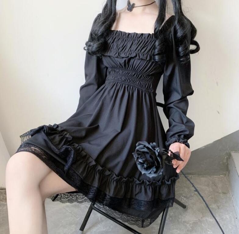 ロングワンピース 春夏新作フリル長袖ワンピース暗黒系レディース