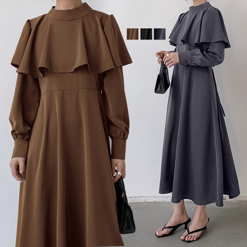 ロングワンピース 秋冬新作 フリル襟長袖ワンピース レディース 通勤上品ロング丈