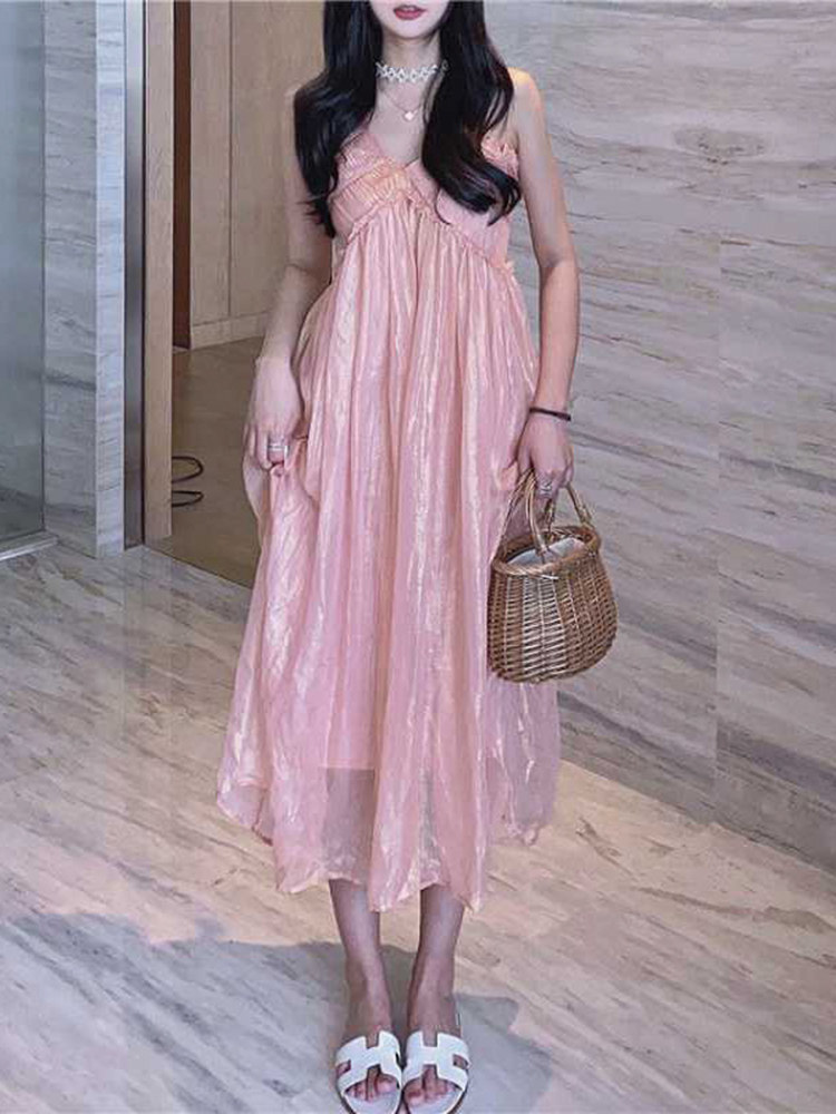 ロングワンピース キャミ 透け感シフォンフリル付きキャミソールワンピース