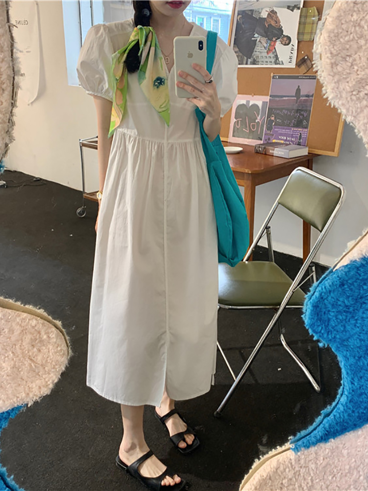 ロングワンピース シャツ 花柄スカーフ付きパフスリーブロングワンピース